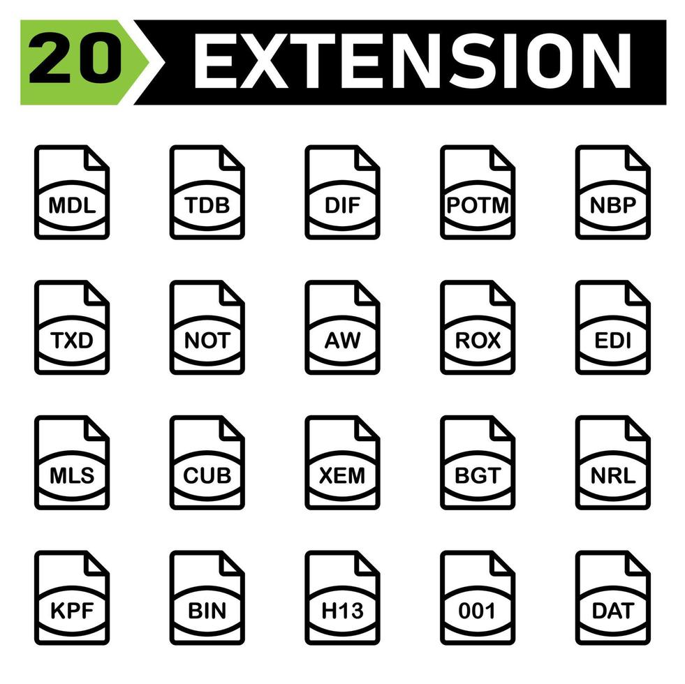 ícone de extensão de arquivo incluem mdl, tdb, dif, potm, nbp, txd, not, aw, rox, edi, mls, cub, xem, bgt, nrl, kpf, bin, h13, 001, dat, file, document, extension, ícone, tipo, conjunto, formato, vetor, símbolo vetor