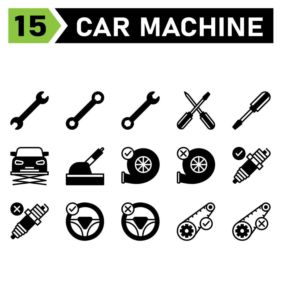 conjunto de ícones da máquina do carro inclui ferramentas, ferramenta, chave inglesa, configuração, carro, chave de fenda, elevador, serviço, manutenção, automóvel, freio de mão, freio, turbo, máquina, motor, aceitar, quebrado, faísca, plugue, mecânico vetor