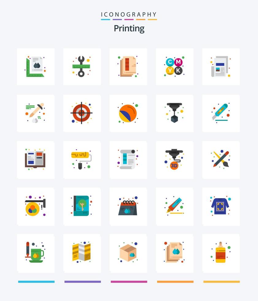 impressão criativa 25 pacote de ícones planos, como notícias. cor. escala. cmyk. imprimir vetor