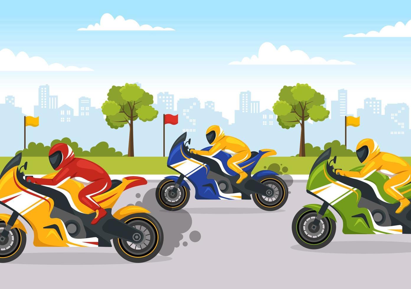 campeonato de corrida de motocicleta na ilustração da pista de corrida com motor de pilotagem para a página inicial em modelos desenhados à mão de desenhos animados planos vetor