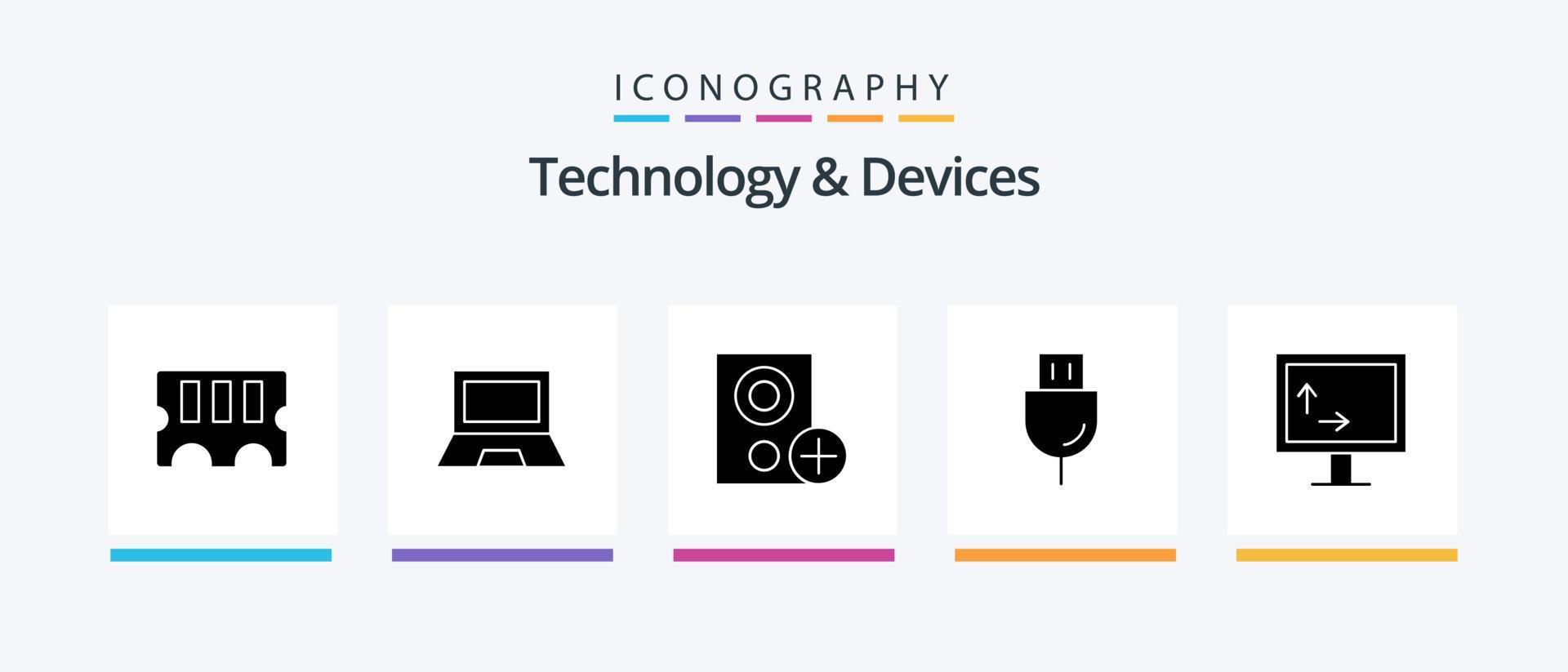 pacote de ícones de glifo 5 de dispositivos, incluindo tecnologia. plugue. computadores. eletrônicos. adicionar. design de ícones criativos vetor