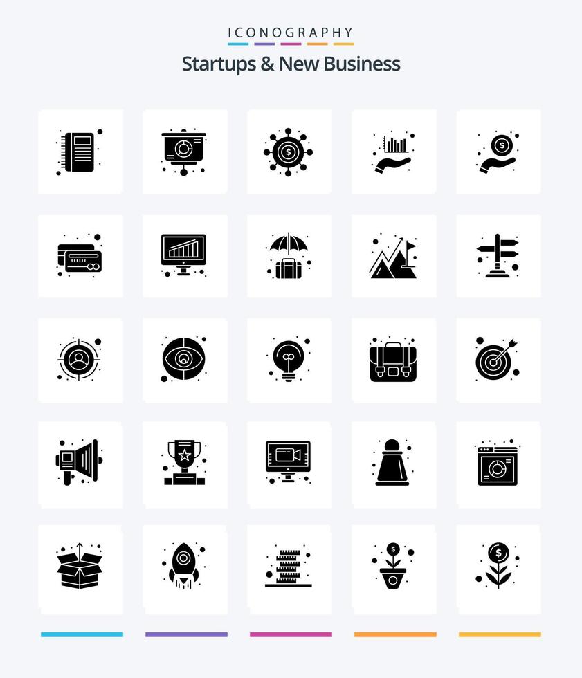 startups criativas e novos pacotes de ícones pretos sólidos de 25 glifos, como dinheiro na mão. mão. dinheiro. gráfico. análise vetor