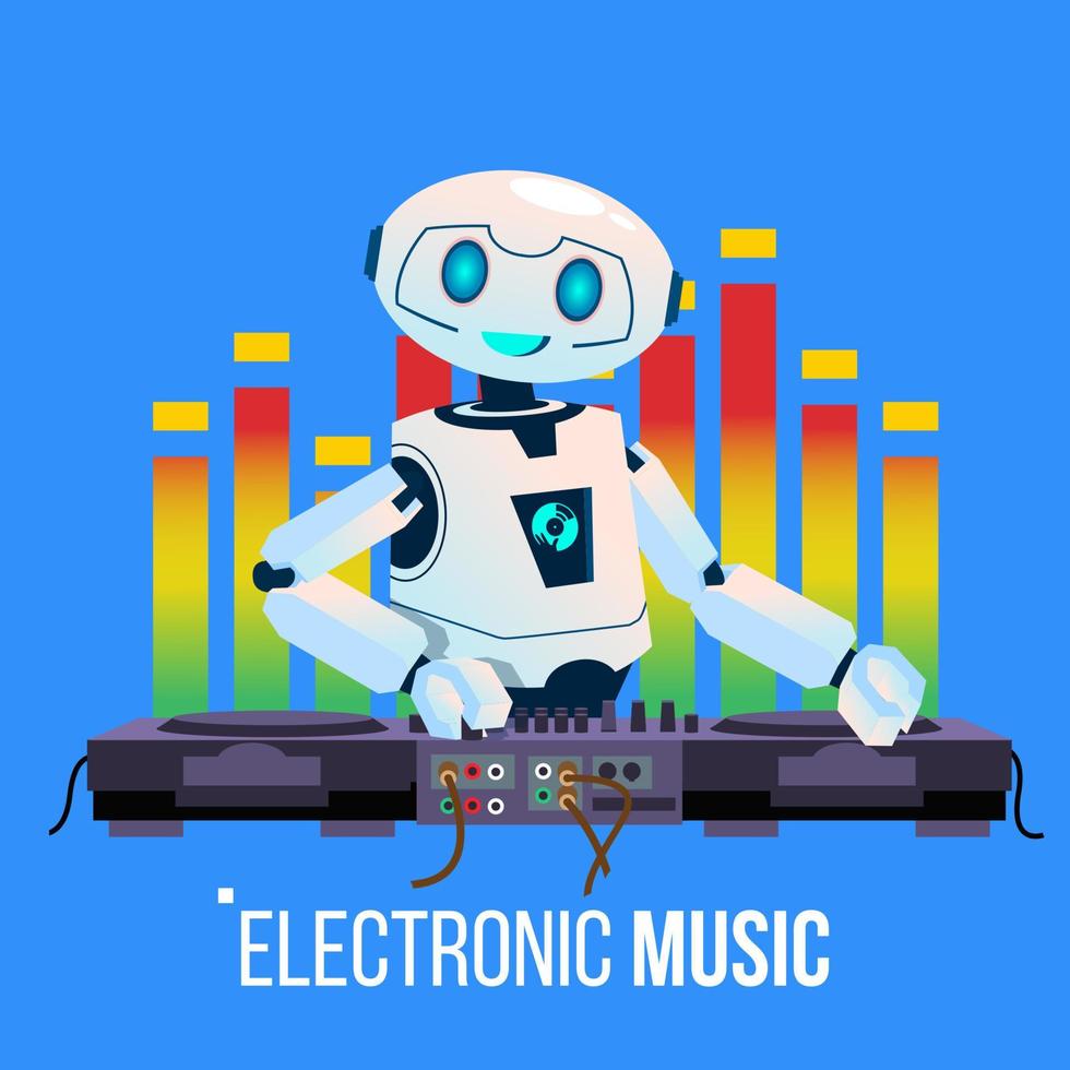 robô dj lidera a festa tocando música eletrônica no console de mixagem no vetor de boate. ilustração isolada