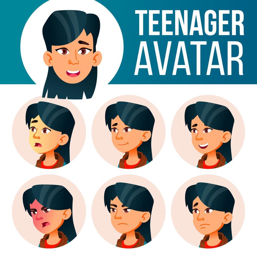 vetor de conjunto de avatar de menina adolescente asiática. enfrentar as emoções. usuário, personagem. divertido, alegre. ilustração de cabeça de desenho animado