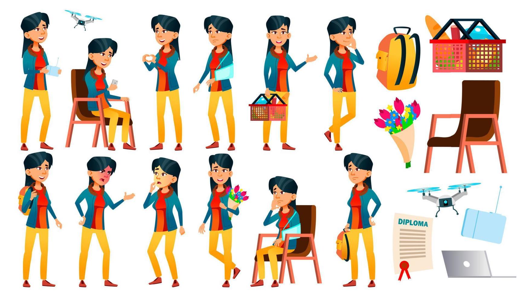 menina adolescente asiática posa vetor definido. caucasiano, positivo. para apresentação, impressão, design de convite. ilustração isolada dos desenhos animados