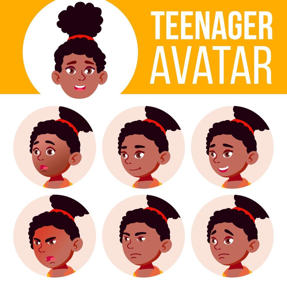 vetor de conjunto de avatar de menina adolescente. Preto. Afro-Americano. enfrentar as emoções. rosto, gente. ativo, alegria. ilustração de cabeça de desenho animado