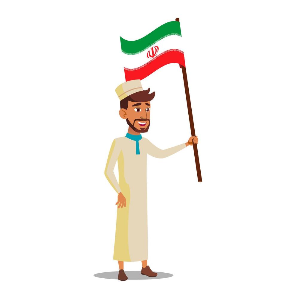 menino árabe segura a bandeira do irã vector plana ilustração dos desenhos animados