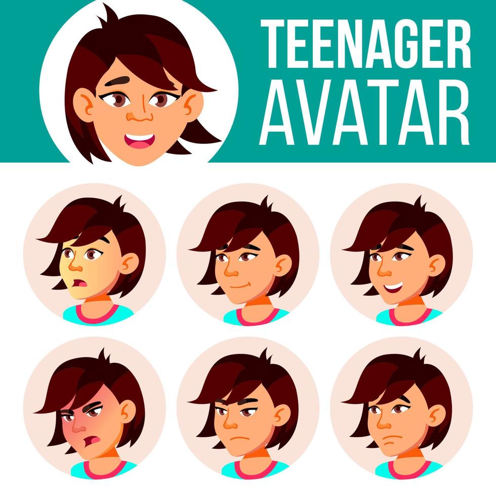 vetor de conjunto de avatar de menina adolescente asiática. enfrentar as emoções. expressão, pessoa positiva. beleza, estilo de vida. ilustração de cabeça de desenho animado