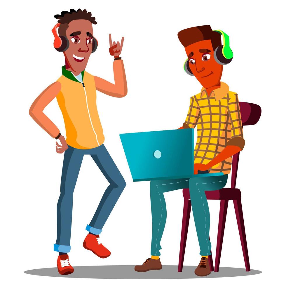 estudante olhando para laptop e ouvindo música no vetor de fones de ouvido. ilustração isolada