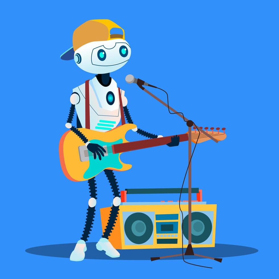 robô tocando guitarra e cantando no vetor de rua. ilustração isolada