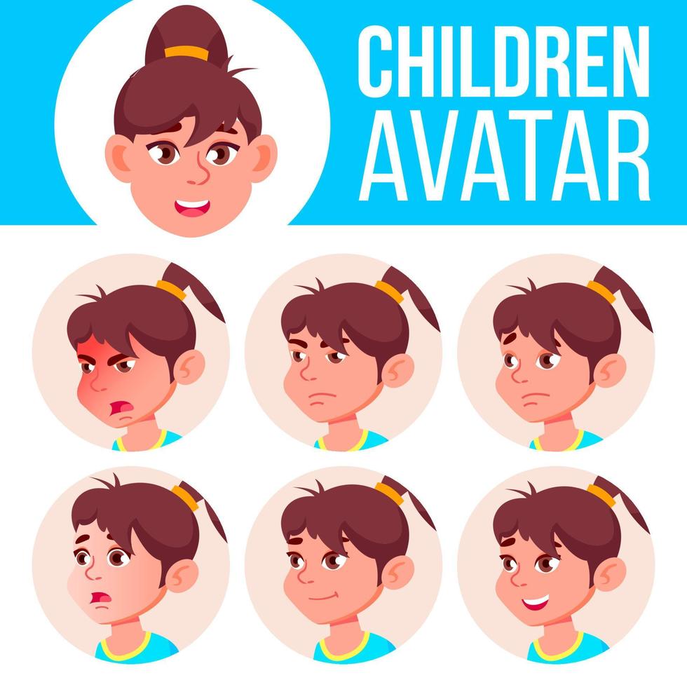 vetor de conjunto de avatar de menina. escola primaria. enfrentar as emoções. usuário, personagem. crianças, positivo. quadrinhos, web. ilustração de cabeça de desenho animado