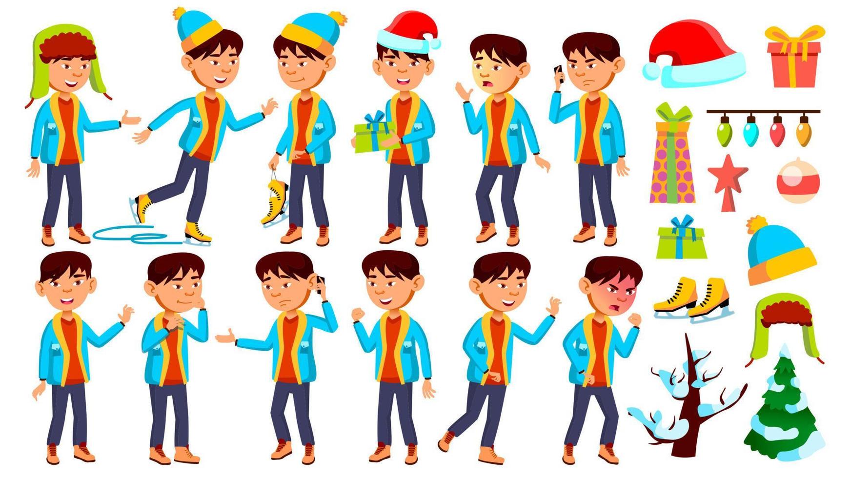 as poses do garoto estudante do menino asiático definem o vetor. natal, ano novo. juventude, caucasiano. para cartão, anúncio, design de saudação. ilustração isolada dos desenhos animados vetor