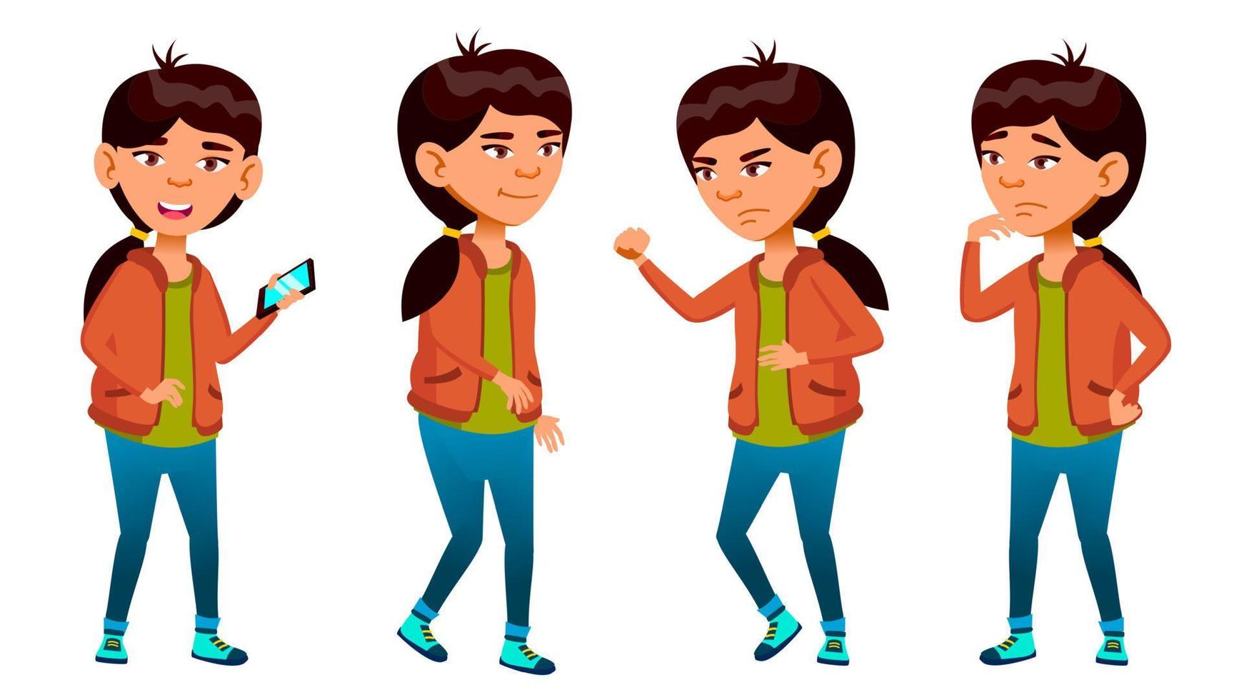 as poses da menina asiática definem o vetor. criança do ensino médio. sorriso, atividade, lindo. para web, brochura, design de cartaz. ilustração isolada dos desenhos animados vetor