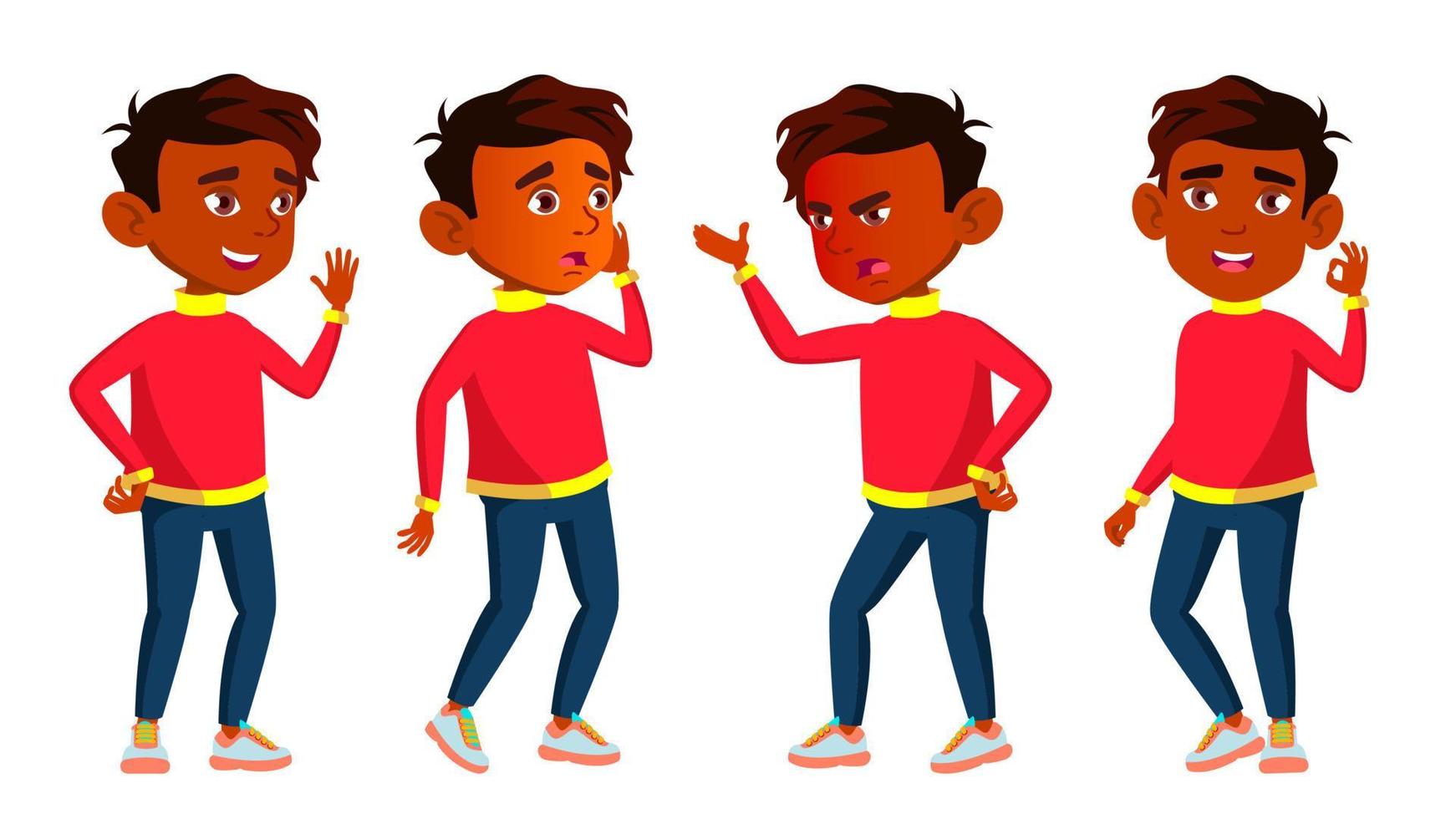 poses de estudante de menino indiano vetor definido. criança da escola primária. Infância feliz. abc. amigo, estágios. para web, pôster, design de livreto. ilustração isolada dos desenhos animados