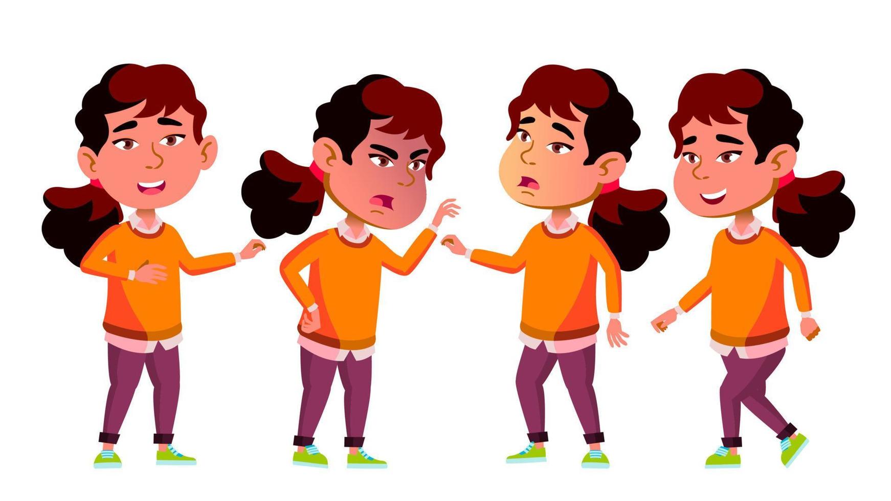 as poses da criança do jardim de infância da menina asiática definem o vetor. jogo de personagem emocional. Parque infantil. para apresentação, convite, design de cartão. ilustração isolada dos desenhos animados vetor