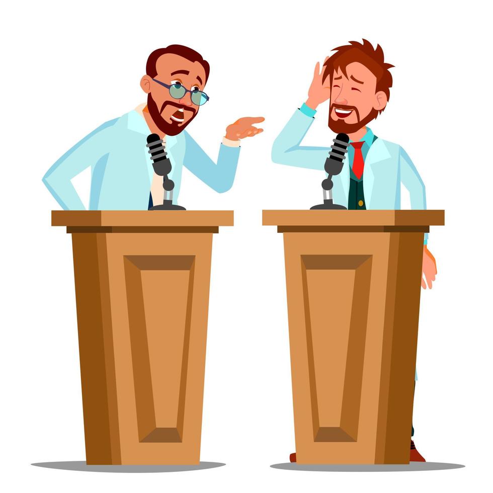 dois médicos falando discutem atrás da tribuna com microfone no vetor de conferência. ilustração isolada dos desenhos animados
