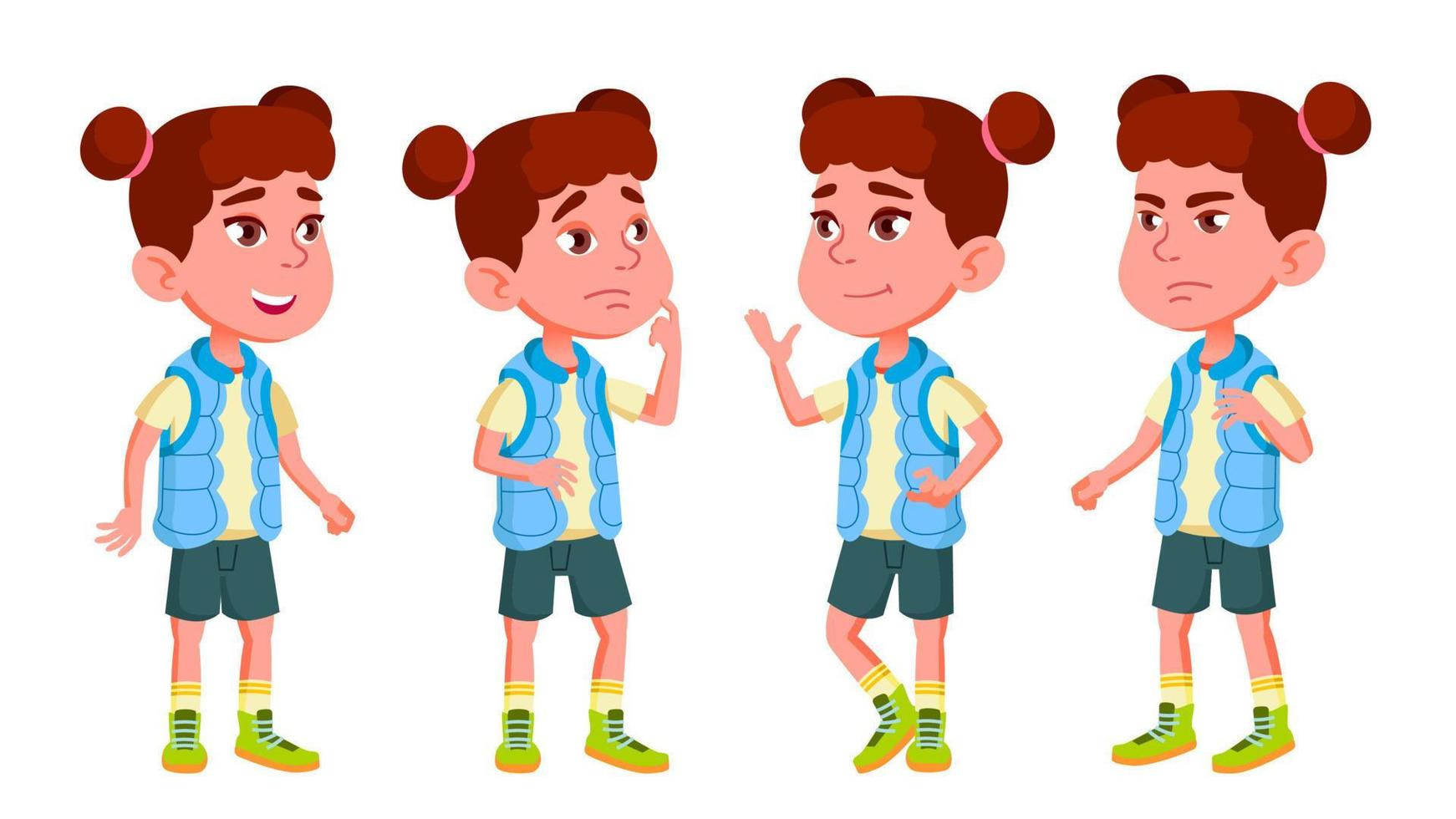 garoto do jardim de infância menina poses conjunto de vetores. jogo de personagem. infantil. roupa casual. para apresentação, impressão, design de convite. ilustração isolada dos desenhos animados vetor