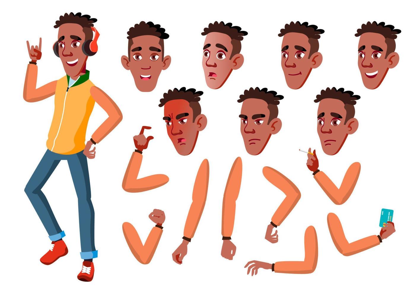 vetor de menino adolescente. adolescente. Preto. Afro-Americano. pessoas adultas. casual. enfrentar emoções, vários gestos. conjunto de criação de animação. ilustração de personagem de desenho animado plana isolada