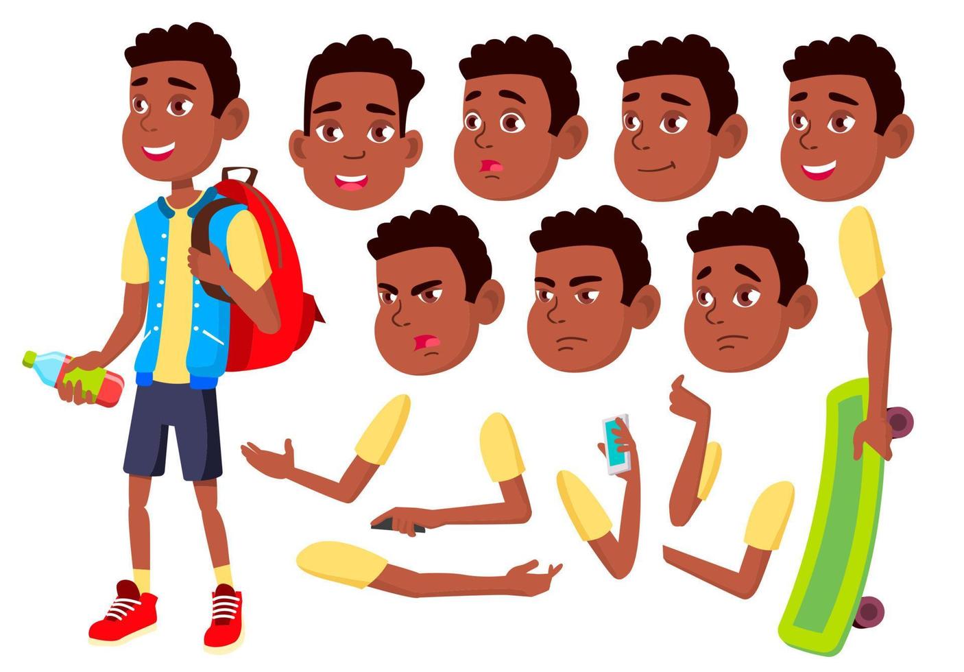 menino, criança, garoto, vetor adolescente. Infância feliz. afro-americano, negro. enfrentar emoções, vários gestos. conjunto de criação de animação. ilustração de personagem de desenho animado plana isolada