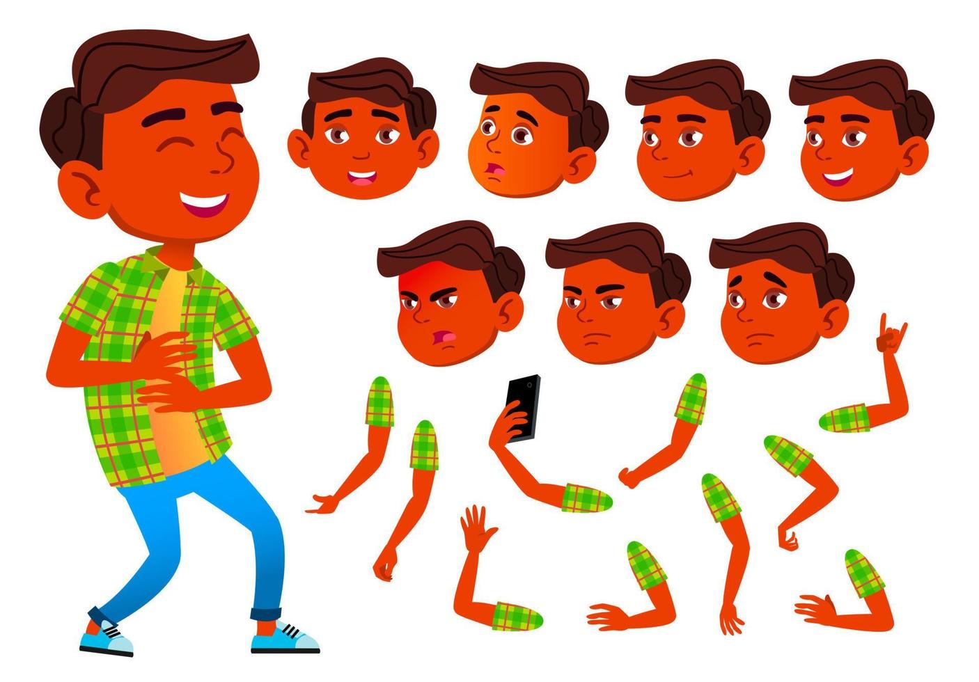 menino, criança, garoto, vetor adolescente. indiano, hindu. asiático. aluno. palestra. enfrentar emoções, vários gestos. conjunto de criação de animação. ilustração de personagem de desenho animado plana isolada