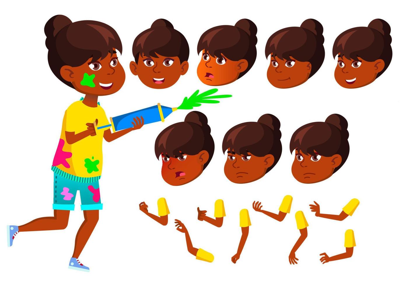 vetor de garota adolescente indiana. hindu. asiático. adolescente. holi. enfrentar emoções, vários gestos. conjunto de criação de animação. ilustração de personagem de desenho animado plana isolada