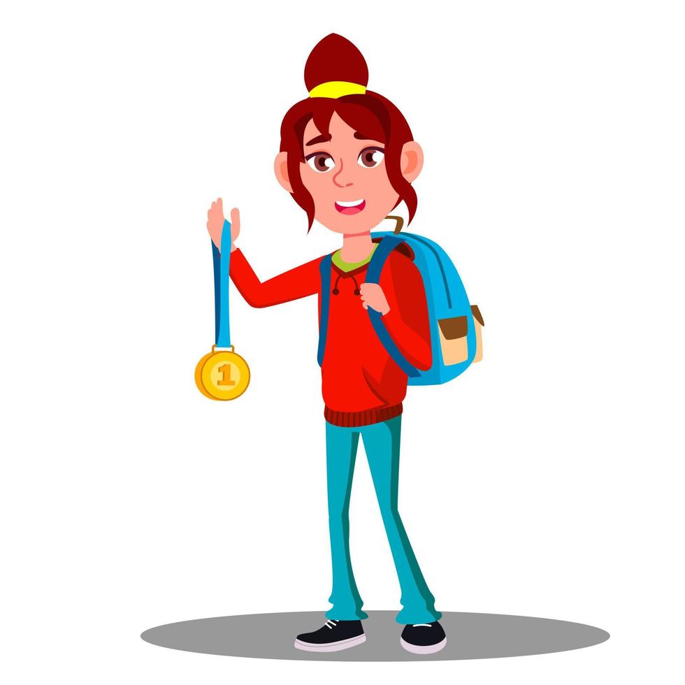vencedor de menina criança feliz com vetor de medalha de ouro. ilustração isolada