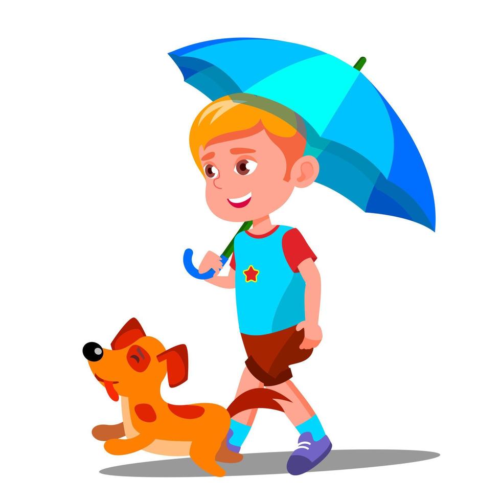 garotinho passeando com um cachorro sob o guarda-chuva no vetor de chuva. ilustração isolada