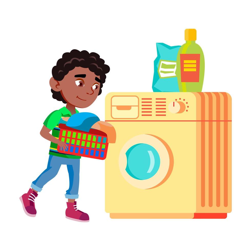 menino garoto lavando roupa na máquina de lavar vetor