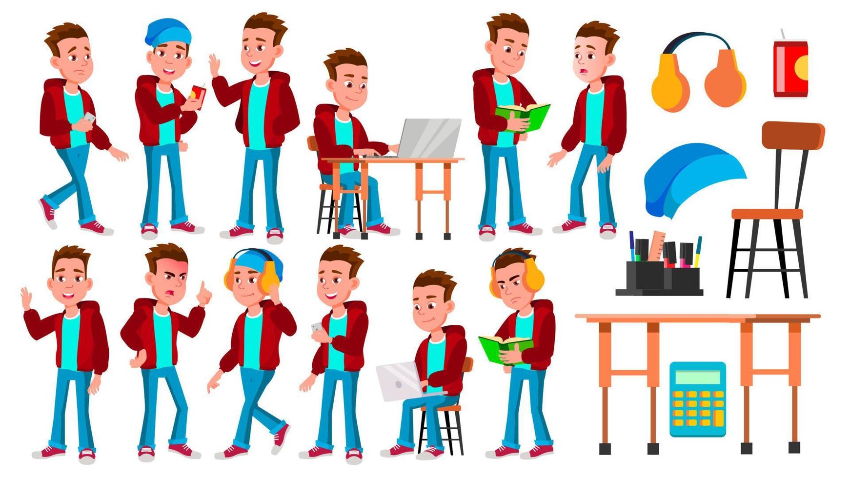 menino estudante garoto poses conjunto de vetores. criança do ensino médio. estudante de escola. graduação, lição de casa, professor. para banner, flyer, web design. ilustração isolada dos desenhos animados vetor