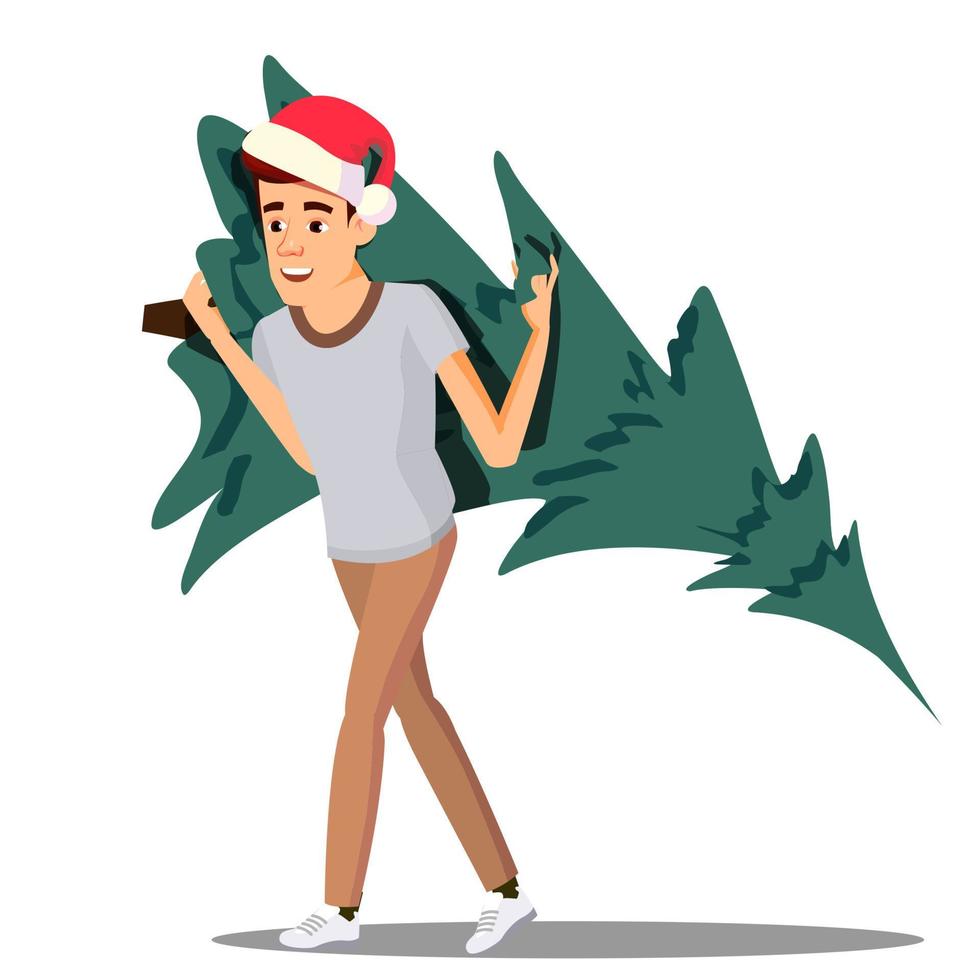 homem feliz carregando uma árvore de natal em seu vetor de ombro. ilustração