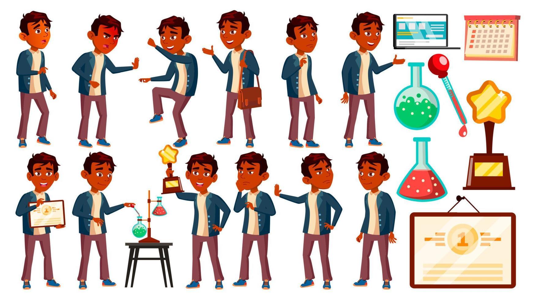 menino indiano estudante garoto poses conjunto de vetores. criança do ensino médio. crianças estudam. descoberta, experiência, ciência. conhecimento, aprender, lição. para publicidade, cartaz, design de impressão. ilustração isolada vetor