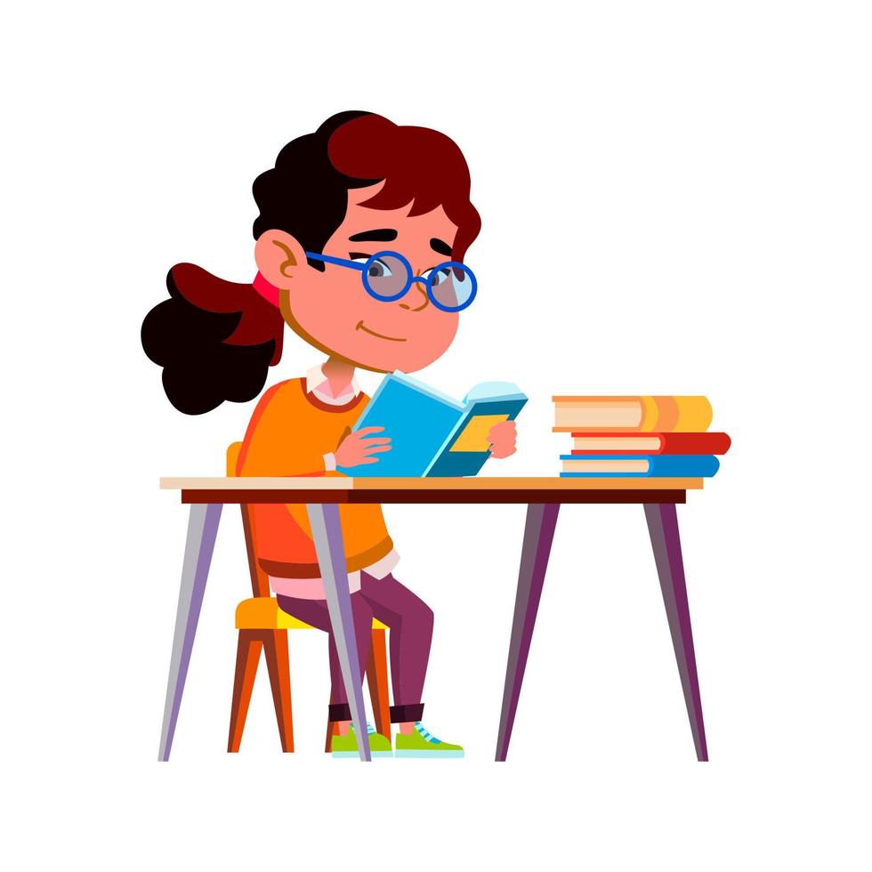 menina criança lendo livro de educação na mesa vetor