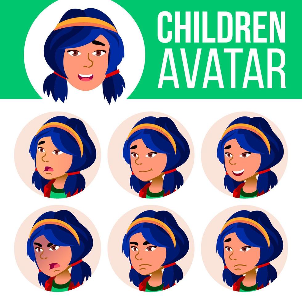 vetor de conjunto de avatar de garota asiática. enfrentar as emoções. crianças, jovens. vida, emocional. ilustração de cabeça de desenho animado