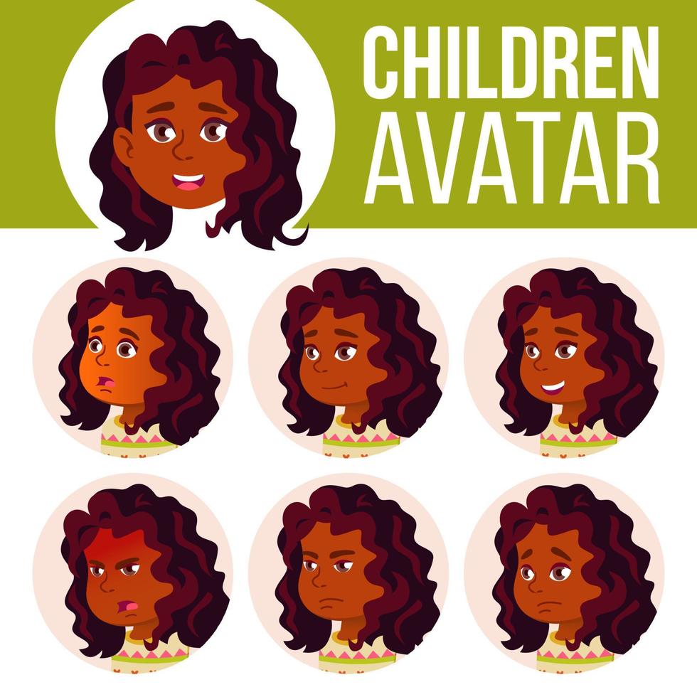 vetor de conjunto de avatar de garota indiana. hindu. asiático. ensino médio. enfrentar as emoções. estudante de escola. criança, nascimento. ilustração de cabeça de desenho animado