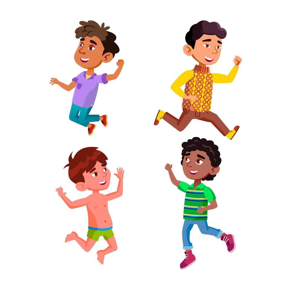 crianças meninos pulando com vetor de conjunto de emoções positivas