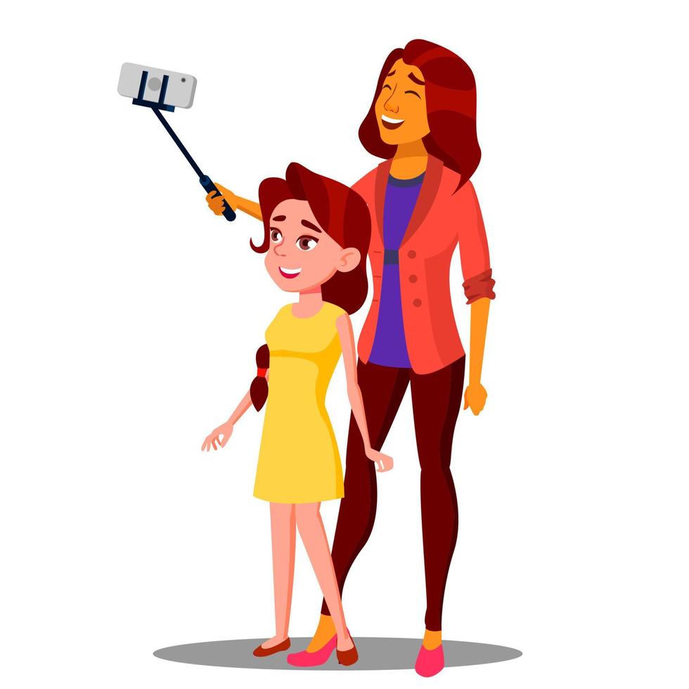 linda mãe e filha fazendo uma selfie no vetor de telefone inteligente. ilustração isolada