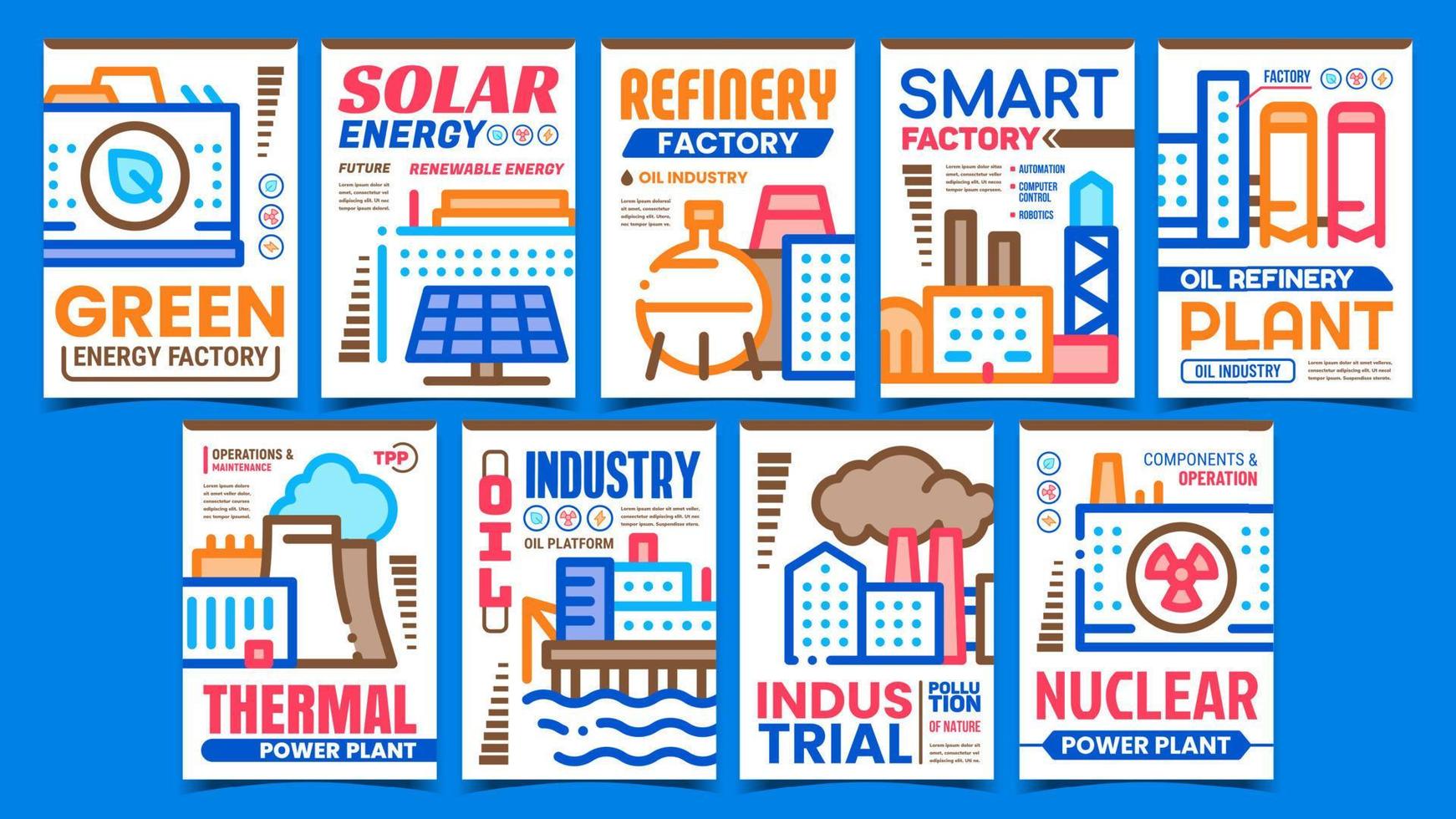 vetor de conjunto de cartazes promocionais criativos de fábrica de energia