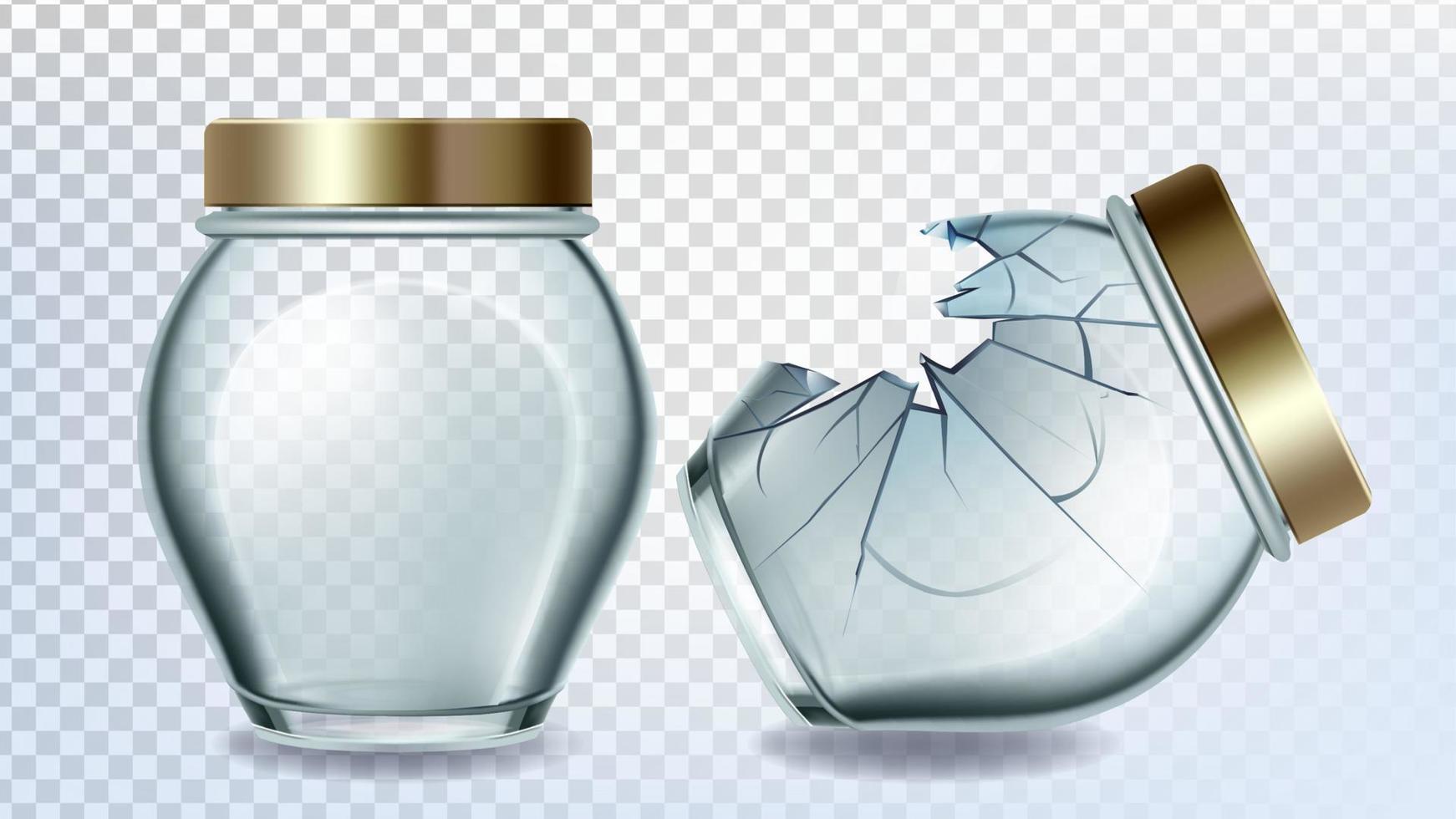 jarra de vidro e garrafa quebrada com vetor de tampa dourada