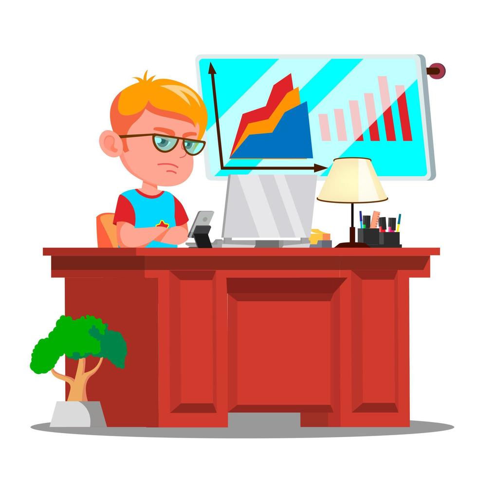 menino chefe, criança séria em copos grandes, sentado no vetor de mesa de escritório. ilustração isolada
