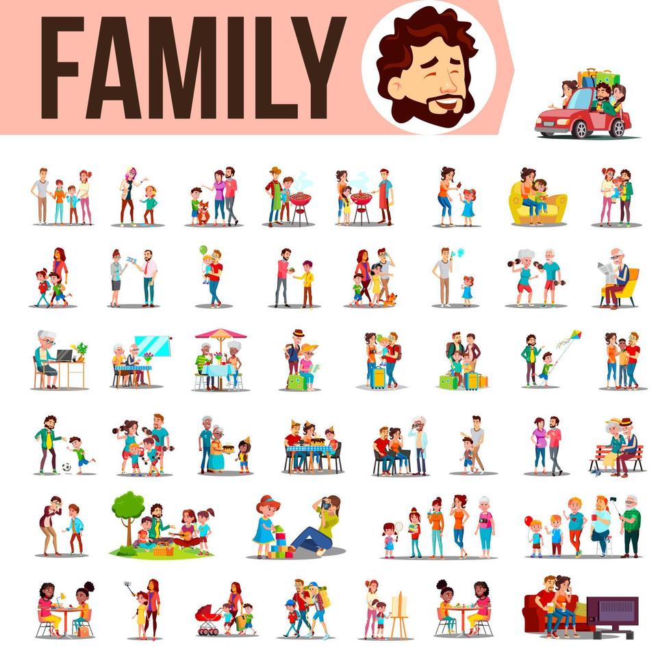 vetor de conjunto de família. situações de estilo de vida. passar um tempo juntos em casa, ao ar livre. ilustração isolada dos desenhos animados