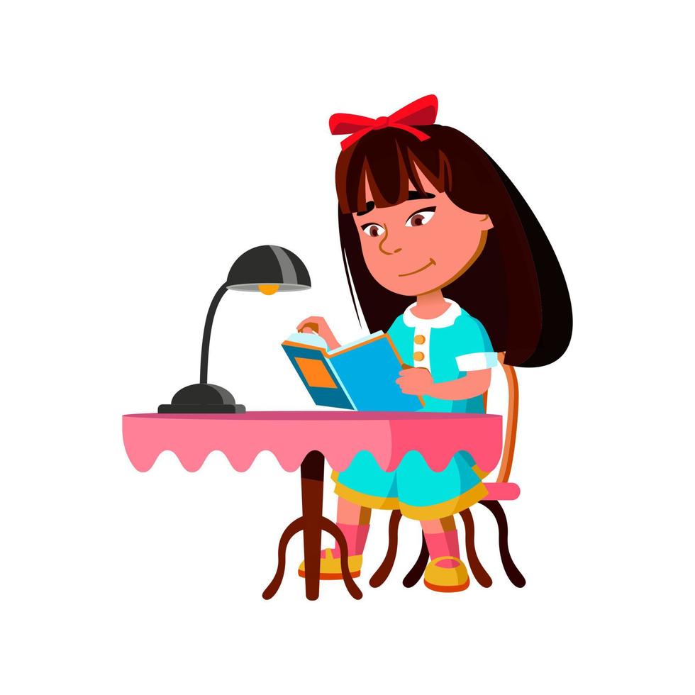 menina sentada à mesa e lendo livro vetor