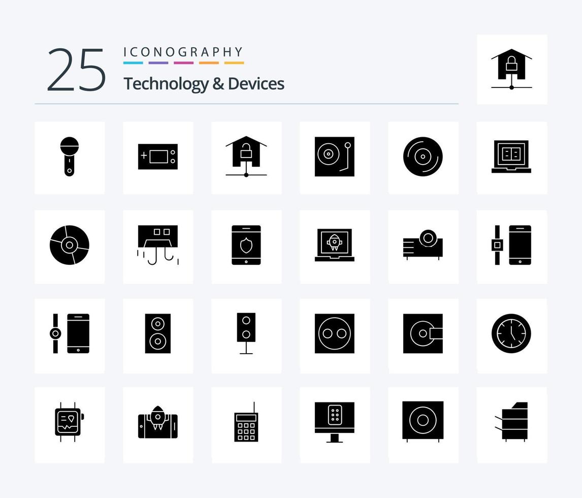 dispositivos 25 pacote de ícones de glifos sólidos, incluindo música. dispositivos. produtos. tecnologia. kit vetor