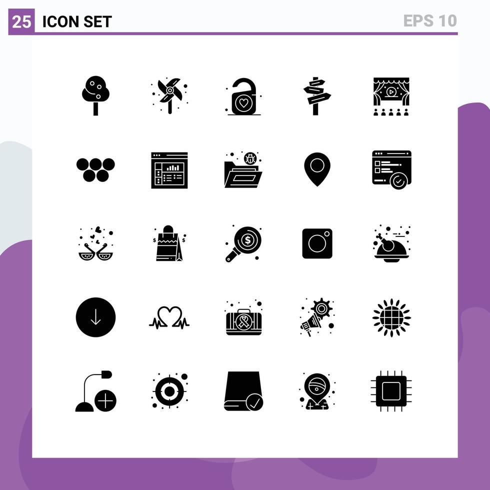 conjunto de glifos sólidos de interface móvel de 25 pictogramas de elementos de design de vetores editáveis de motel de cinema de coração de anúncio antigo
