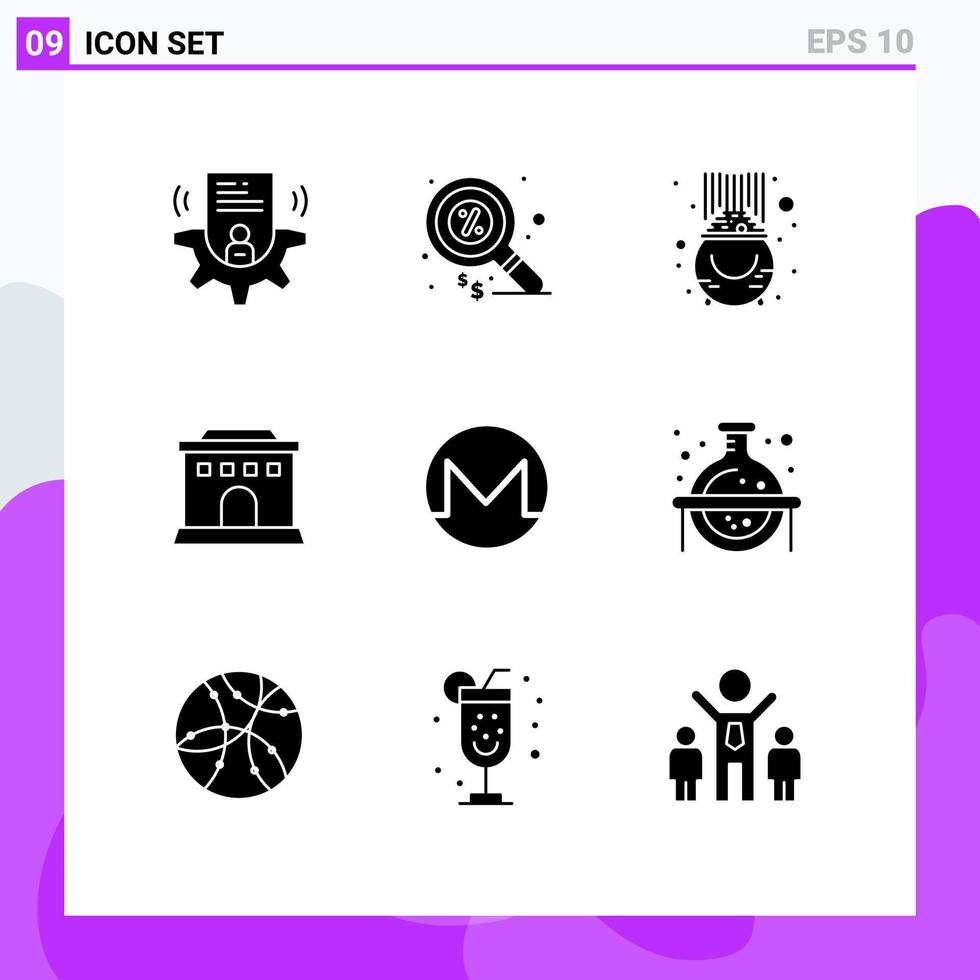 conjunto moderno de pictograma de 9 glifos sólidos de moeda casa fortuna pote elementos de design de vetores editáveis