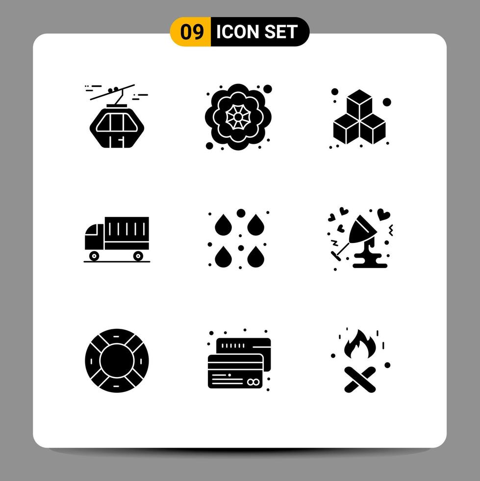 grupo de símbolos de ícones universais de 9 glifos sólidos modernos de gotas, caixa de cores, transporte de caminhões, elementos de design de vetores editáveis