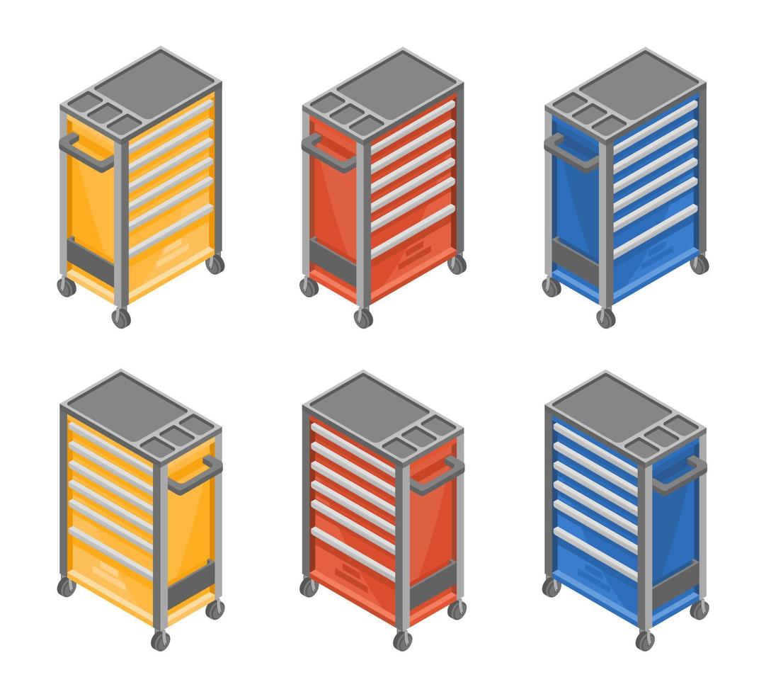ferramentas armários de garagem ilustração de conjunto de cores amarelo azul vermelho vetor isolado isométrico