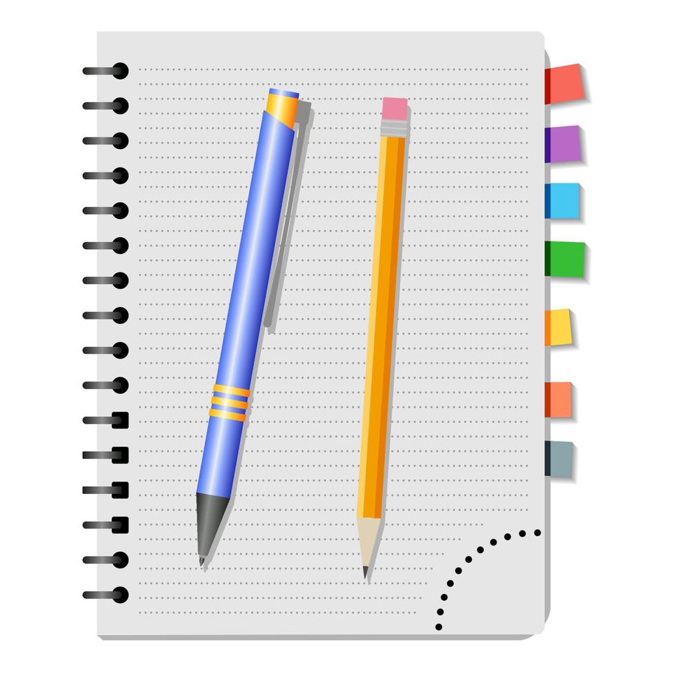 caderno com marcadores coloridos, caneta azul e lápis amarelo sobre fundo branco vetor