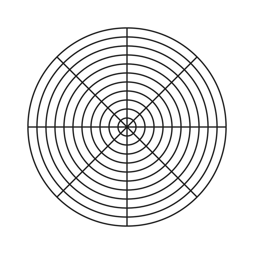 grade polar de 8 segmentos e 10 círculos concêntricos. papel gráfico polar em branco. diagrama de círculo de equilíbrio de estilo de vida. roda da vida modelo. ferramenta de treinamento. vetor