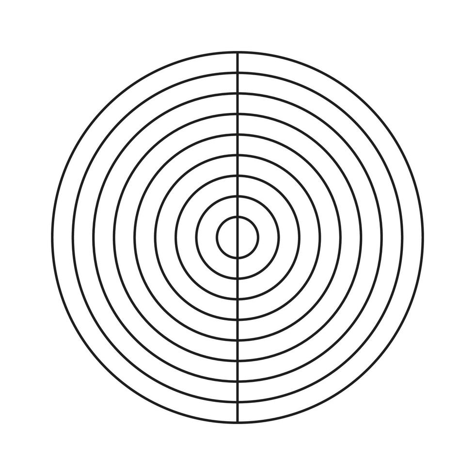 grade polar de 8 círculos concêntricos e degraus de 2 graus. diagrama de círculo dividido em segmentos. papel gráfico polar em branco. roda da vida ou rastreador de hábitos. vetor