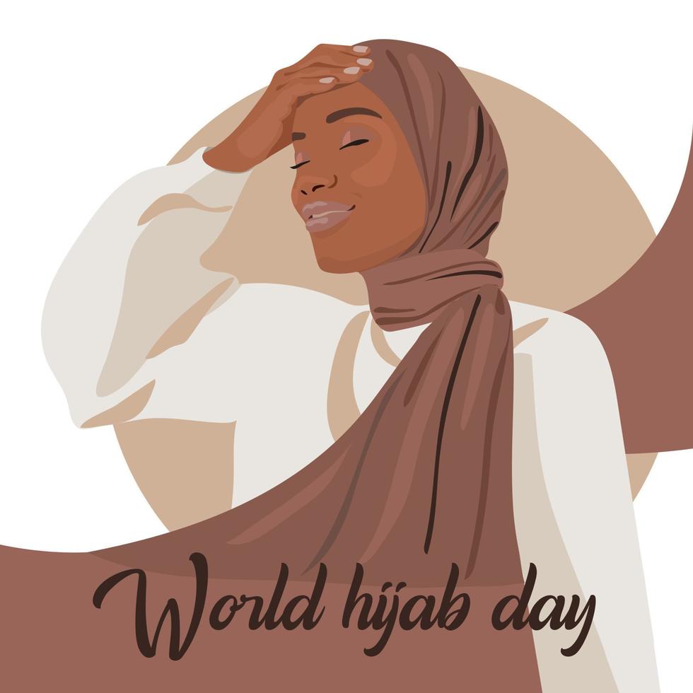 a bandeira do dia mundial do hijab. uma mulher muçulmana em um hijab. mulher árabe. 1 de fevereiro. feliz dia mundial da mulher em hijab. ilustração em vetor de uma garota com um lenço na cabeça.